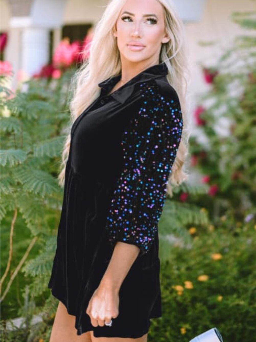 Black Sequin Puff Sleeve Buttoned Velvet Peplum Shirt Medium